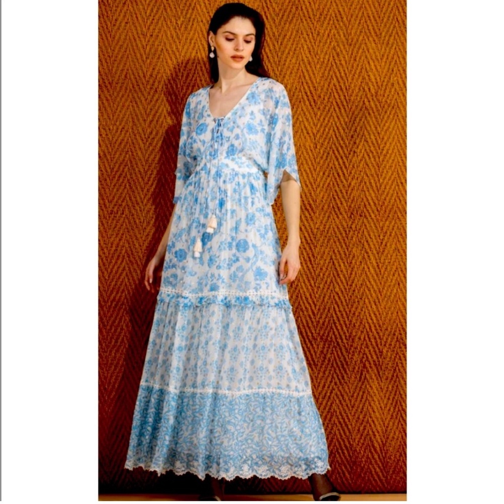 Hemant & Nandita Calee Maxi Dress Size: M Blue & White with gold accents! NWT